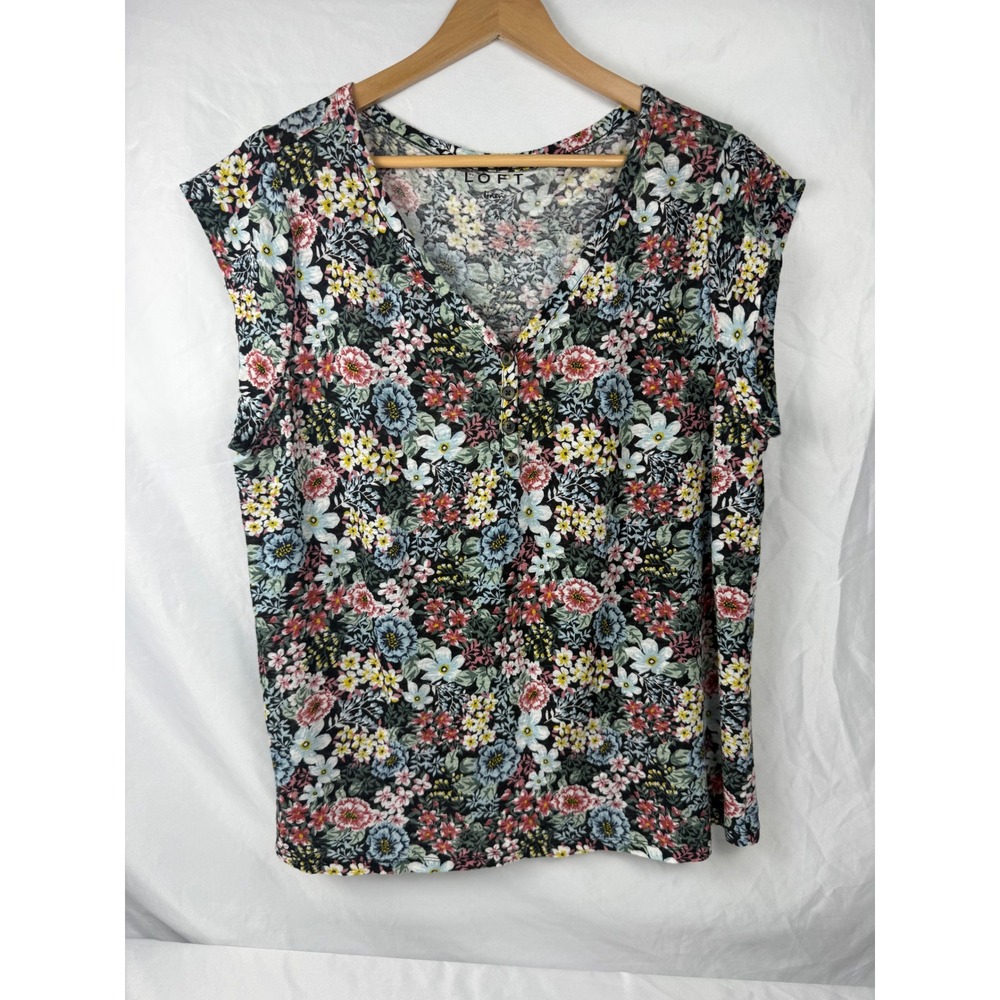 LOFT Large 100%‎ Linen Floral Print Henley V Neck Top Black Cottagecore Boho